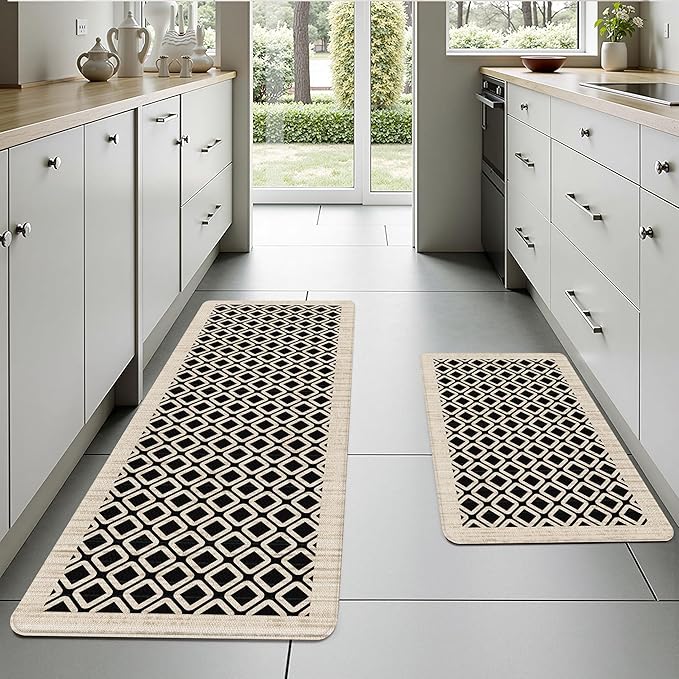Black Vintage Geometric Elegance Grid Kitchen Rug Sets [2 PCs], Anti-Fatigue, Waterproof Non-Slip Kitchen Mats Heavy Duty Comfort Foam Rug for Kitchen, Floor, Laundry,17"x29"+17"x47"