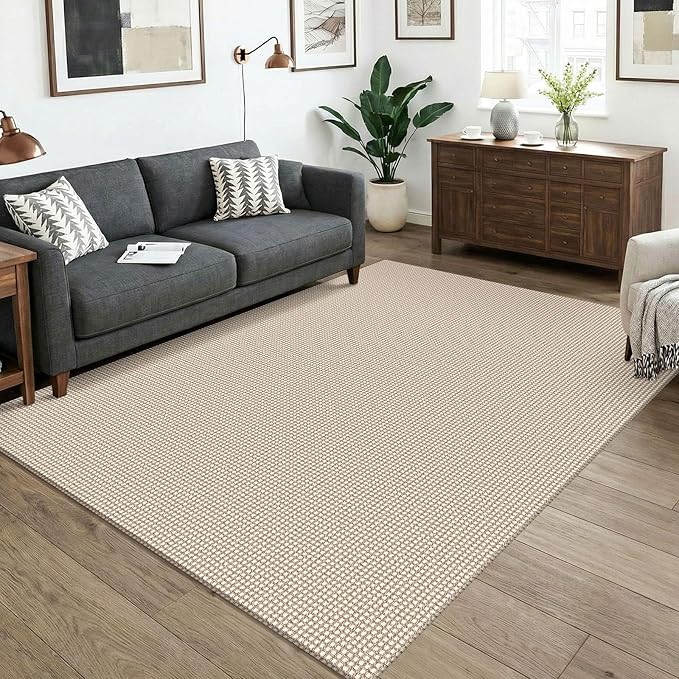 KOZYFLY Washable 5x7 Living Room Rug, Non Slip Woven Area Rugs, Braided Floor Carpet for Entryway, Kitchen, Bedroom, Dining Room, Office, Cotton Rug Indoor Decor, Ivory/Camel/Brown