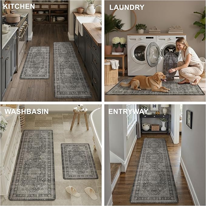 WondRgVintage Kitchen Mats for Floor Anti Fatigue Waterproof Kitchen Rugs Sets of 2 Black Grey Cushioned Non-Slip Kitchen Mats Comfort Standing Mat for Sink Laundry Office 17.3"×47"+17.3"×30"