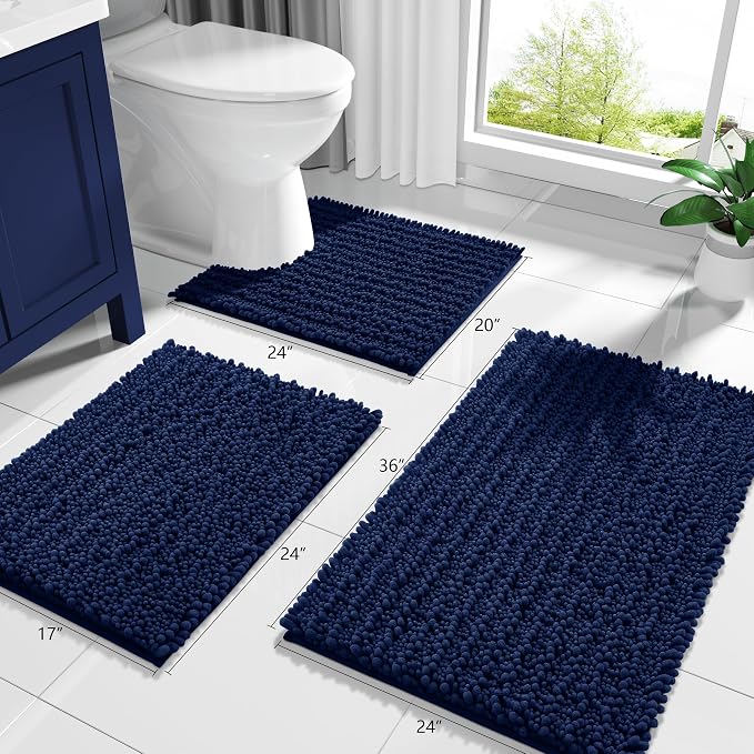 Yimobra Bathroom Rugs Non Slip Washable - Ultra Soft Absorbent Chenille Bath Mat, Quick Dry Shaggy Floor Carpet for Tub Shower, Navy Blue Home Decor Accessories, 24x17 Inch