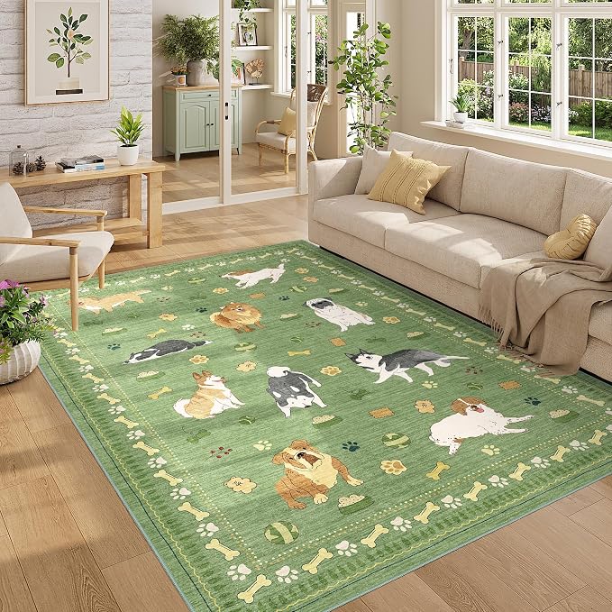 DUKINO 5x7 Rug for Living Room, Lightweight Animal Dog Print Washable Area Rug, Soft Non Slip & Low Pile Floor Mat, Stain Resistant Large Carpet for Bedroom, Nursery, Dining Room, Kids Playroom, Green