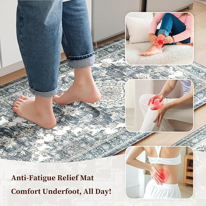 Boho Kitchen Mats for Floor 2 Piece Set Anti Fatigue Cushioned PVC Kitchen Rugs Non Slip Waterproof Farmhouse Mats 2/5 Inch Comfort Standing Mat for Sink, Laundry, 17.3"x47"+17.3"x28", Dark Blue