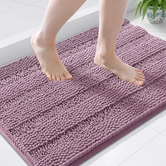 Grandaily Chenille Striped Bathroom Rugs 44x24, Extra Thick and Soft Absorbent Bath Mats, Rubber Backing, Plush Shaggy Shower Carpet, Machine Wash Dry, Bath Rug for Bathroom, Deep Plum