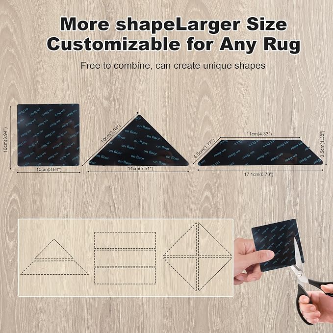 14PCS Rug Gripper with Triangle & Trapezoid and Square Design, Non-Slip Double-Sided Rug Tape Keep Area Rugs, Adhesive Rug Pads for Hardwood Floors and Tiles, Keep Corners Flat (Black)