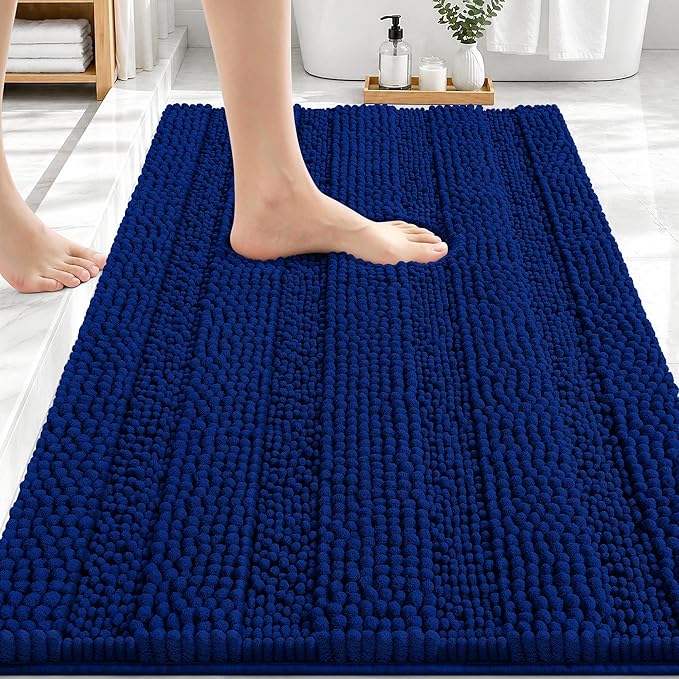 OLANLY Thick Bathroom Rugs 30x20, Extra Soft Absorbent Chenille Striped Bath Rugs, Rubber Backing, Machine Wash Dry, Bath Mats for Bathroom Floor, Tub and Shower, Home Decor Accessories, Navy