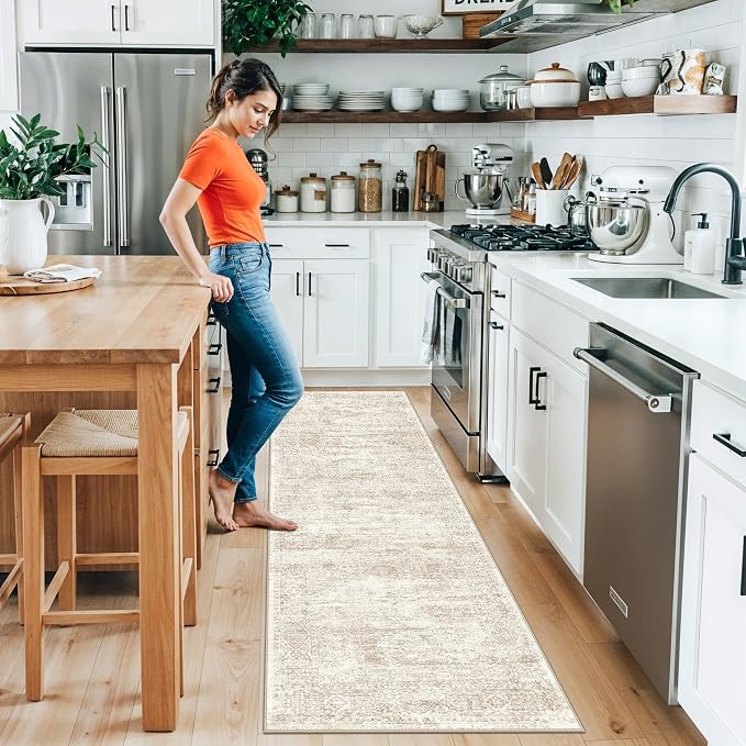 2x8 Runner Rug Washable Hallway: Non Slip Kitchen Runners with Rubber Backing Vintage Farmhouse Neutral Boho Cream Soft Carpet for Bathroom Bedroom Entryway, Cream/Beige