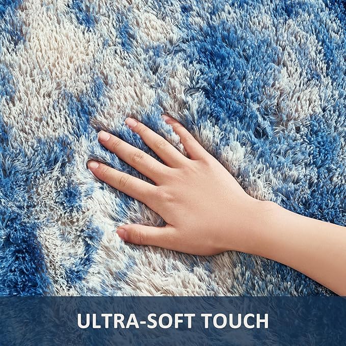 Ophanie Blue and Gray Area Rugs for Living Room 5x7, Navy Grey White Fluffy Shag Large Fuzzy Plush Soft Carpets, Floor Shaggy Rugs for Bedroom, Carpet for Kids Boys Dorm Nursery Home Decor Aesthetic