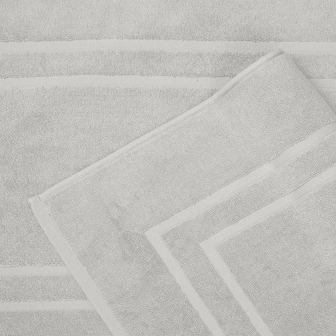 Feather & Stitch 2 Piece Towel Like Bath Mats (30x21 Inch) 100% Cotton Terry Bath Mats, Bathroom Shower Floor Mats [NOT A Bathroom Rug], Soft Absorbent Washable Mats - Sliver
