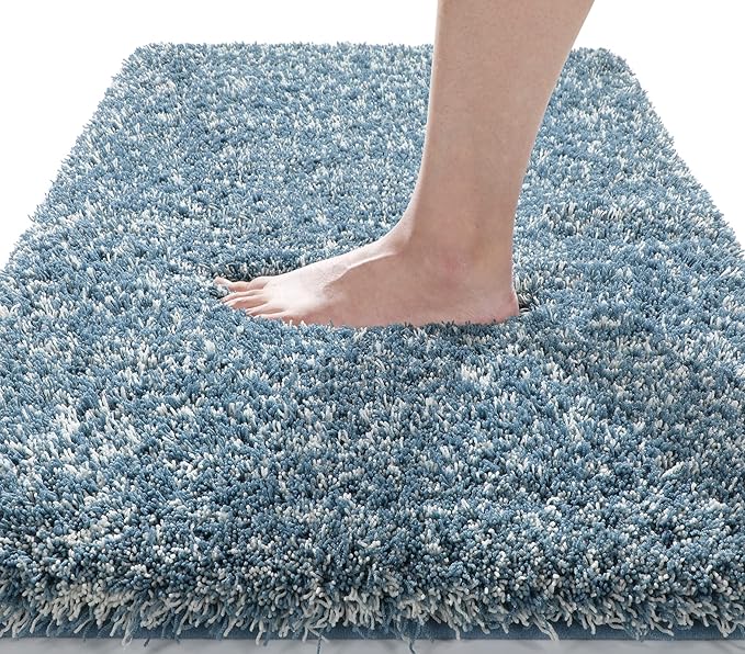 Yimobra Luxury Bathroom Rugs, Fluffy Bath Mats, Non Slip, Water Absorbent Microfiber, Machine Washable, Plush Runner Shower Rugs, Thick Matts for Bathroom Floor&Tub, 56" X 24", Denim Blue and White