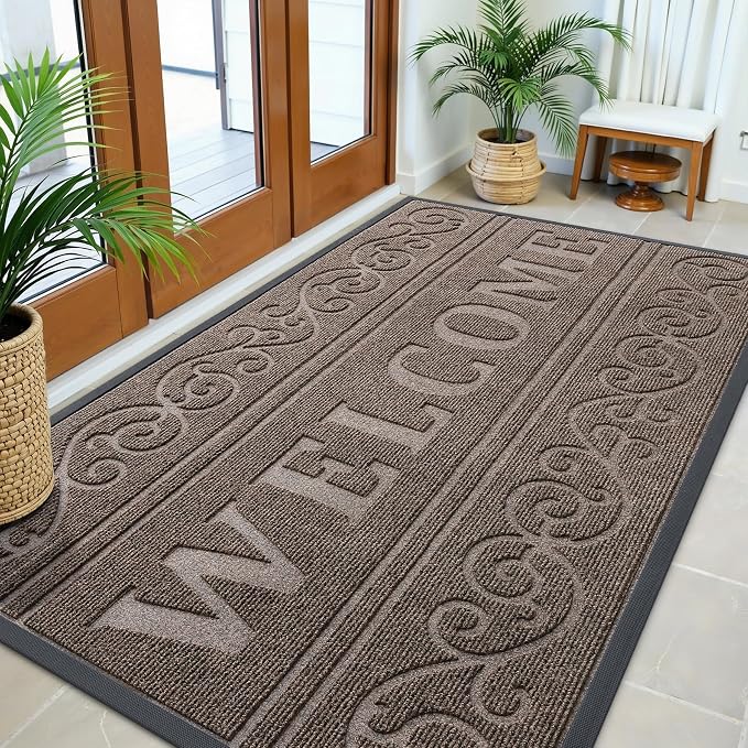 OLANLY Welcome Door Mat Indoor Outdoor Entrance, Heavy Duty Sturdy Front Door Mat, Waterproof All-Weather Doormat, Stain Resistant, Low Profile, Easy Clean Patio Entryway Mat, 59 x 35, Medium Brown
