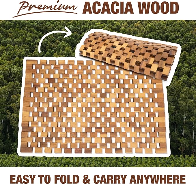 Acacia Wood Bath Mat - Non Slip Sturdy Wooden Shower Mat - Spa, Sauna, Cold Plunge, Camping, Bathroom Décor, Wood Door Mat 20" x 32"