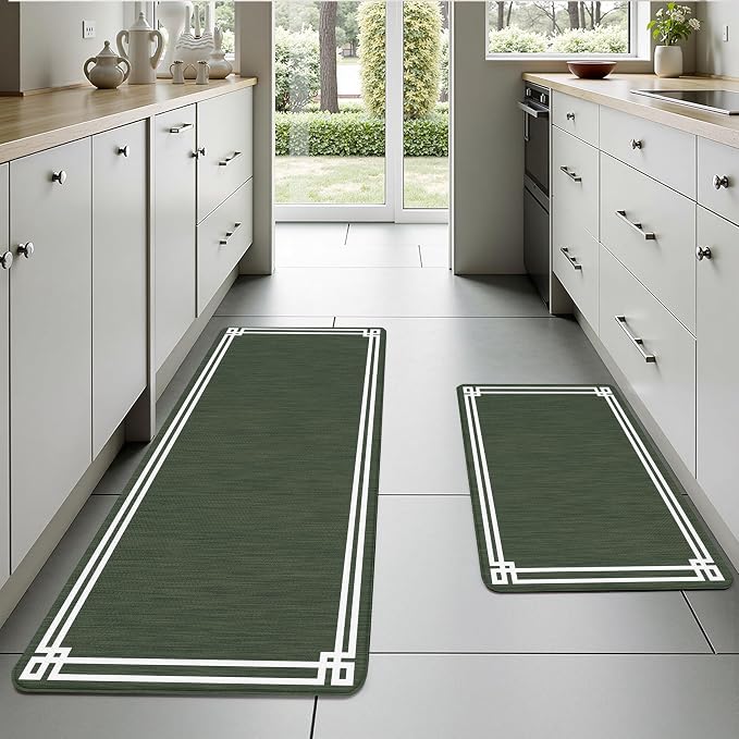 Dark Green Retro Elegance Frame Textured Kitchen Rug Sets [2 PCs], Anti-Fatigue, Waterproof Non-Slip Kitchen Mats Heavy Duty Comfort Foam Rug for Kitchen, Floor, Laundry,17"x29"+17"x47"