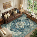 RELEANY Area Rugs 6'x9' Washable Non-Slip, Floral Vintage Distress Medallion Carpet for Living Room Bedroom Dining Room, Dark Blue Vintage