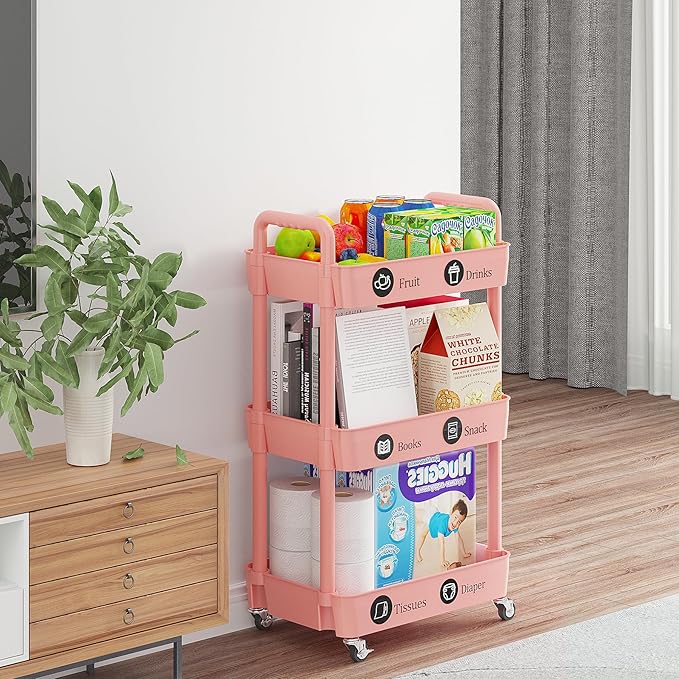Laiensia 3-Tier Rolling Cart with Wheels,Multifunction Utility Storage Carts, Kitchen Storage Organizer,Mobile Shelving Unit for Bathroom,Laundry,with Classified Stickers,Pink