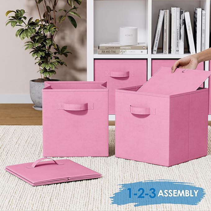 Storage Cubes - 11 Inch Cube Storage Bins (Set of 8). Fabric Cubby Organizer Baskets with Dual Handles | Foldable Closet Shelf Organization Boxes (Light Pink)
