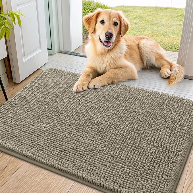 Smiry Dog Door Mat for Muddy Paws 36x24, Absorbent Dirt Trapper, Non-Slip Washable Chenille Entryway Rug for Inside Floor, Warm Taupe, Classic Solid