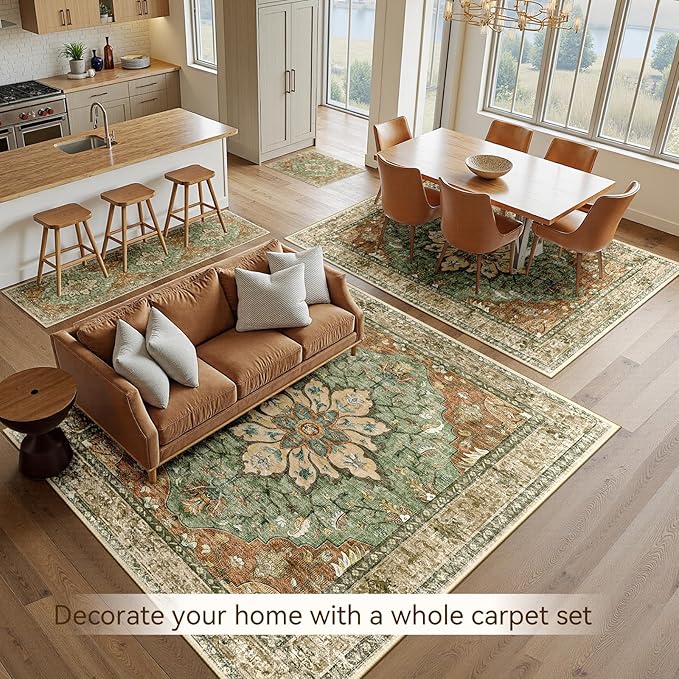 RELEANY Area Rugs Large 10'x12' Washable Non-Slip, Floral Vintage Distress Medallion Carpet for Living Room Bedroom Dining Room, Terracotta Burnt Orange Green