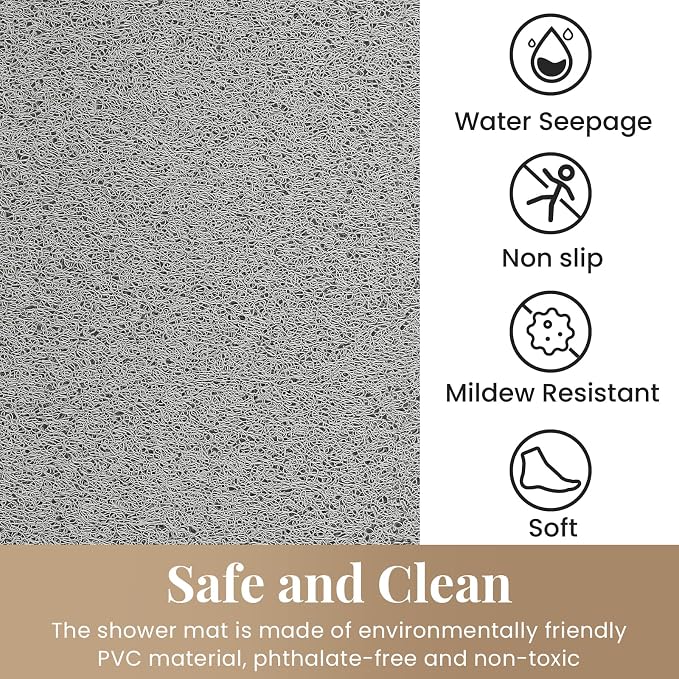 Shower Mat Bathtub Mat Non-Slip,47x16 inch, Soft Tub Mat with Drain,PVC Loofah Bath Mat (Phthalate Free) for Tub and Bathroom,Quick Drying,Grey