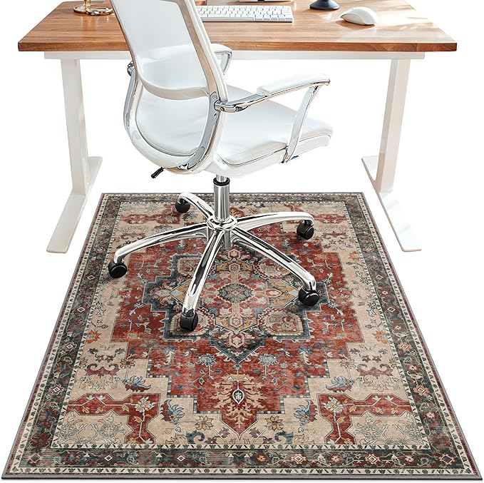 30"x48" Office Chair Mat for Hardwood Tile Floor, Under Desk Carpet Protector for Rolling Computer Chair Mat, Machine Washable Area Rug, Anti-Slip 1/5" Thick Low Pile Thin Vinyl Floor Mat, Annatto