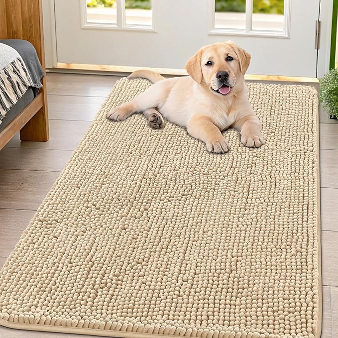 Smiry Dog Door Mat for Muddy Paws 47x32, Absorbent Dirt Trapper, Non-Slip Washable Chenille Entryway Rug for Inside Floor, Beige, Classic Solid