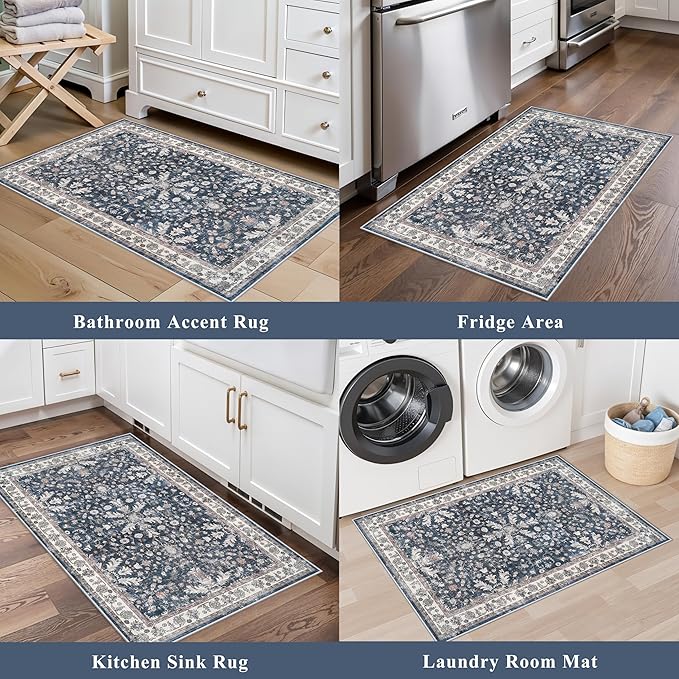 Kitchen Mats Set of 2 Washable Non-Slip – Soft Low Pile Boho Decorative Runner Rugs for Kitchen Floor, Sink & Stove, Kitchen Decor (Blue, 2x3+2x4)