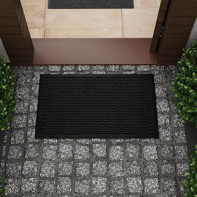 Ottomanson Waterproof Rubber Outdoor Doormat – Heavy-Duty Non-Slip Rubber Floor Mat with Ridge Scraper Pattern, All-Weather Front Door Entry Mat for Mud & Dirt Control – 18" x 30", Black
