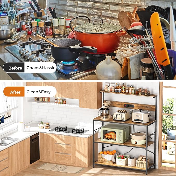 VUSIGN Kitchen Bakers Rack with Power Outlet, 4 Tiers Microwave Stand with Storage, 39.4 Inch Coffee Bar Station with 6 S Hooks, Adjustable Bakers Rack with Storage for Spices/Pans/Pots, Rustic Brown