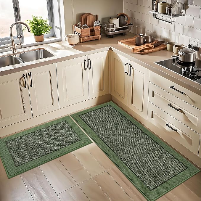 BEQHAUSE Kitchen Rugs and Mats Set of 2 Non-Slip Kitchen Mats for Floor, Absorbent and Stain Resistant Kitchen Runner, Machine Washable Rugs for Kitchen, Laundry & Sink, 24"x36"+24"x60", Green