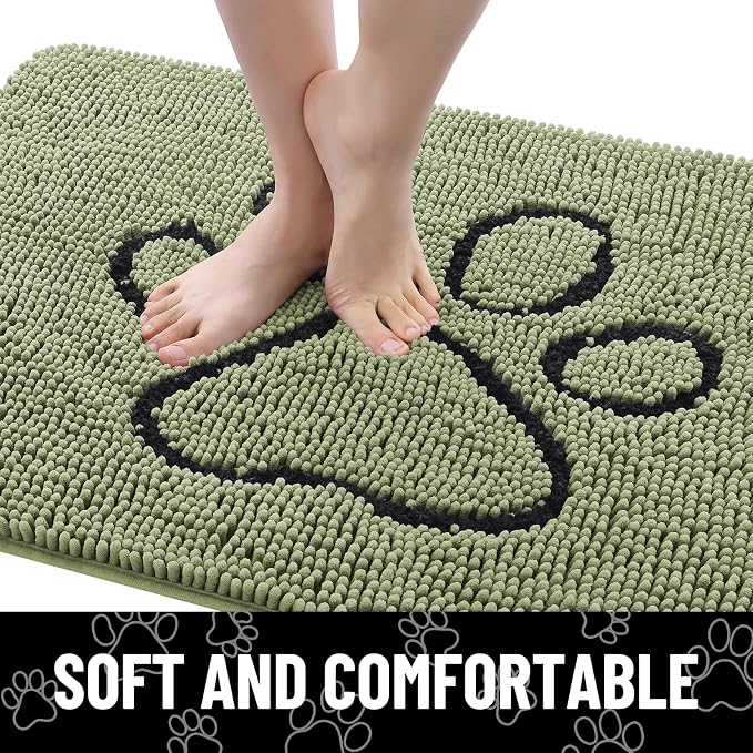 Smiry Dog Door Mat for Muddy Paws, Absorbent Dirt Trapper Non Slip Quick Dry Washable Chenille Mat for Mud Dogs, Entry Rug for Indoor and Outdoor (36x24 Inches, Sage Green and Black)