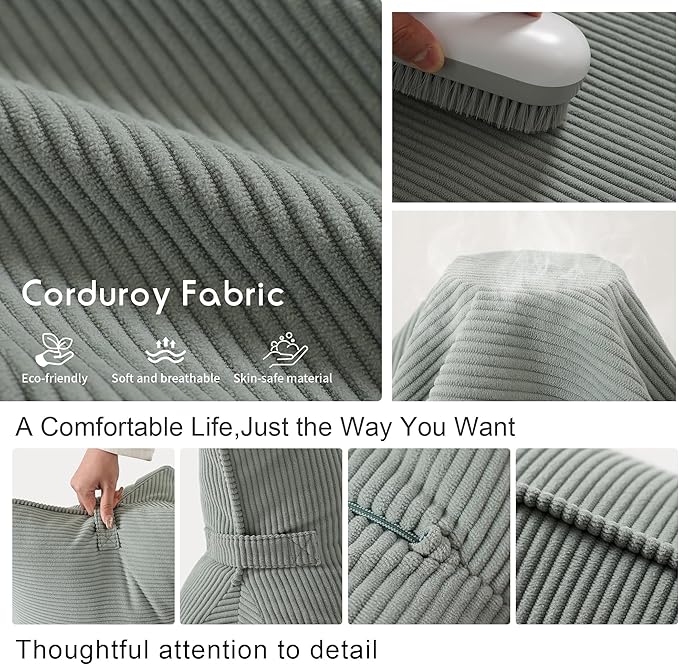 Pat. Pend. Corduroy Lumbar Support Back Pillow for Sitting Up & Reading, Ergonomic Triangle Back Support Cushion for Sofa, Armchair & Bed, Removable Washable Cover, Grey Green