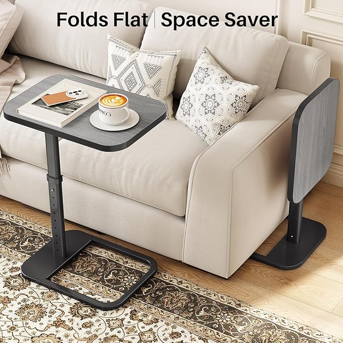 Kitstorack Upgraded TV Tray Table with Panel Lock, 90° Flip-Over Design & Adjustable Height, Sofa Arm Side Table for Eating, Laptop, Couch, Bed, or Small Spaces, Dark Gray