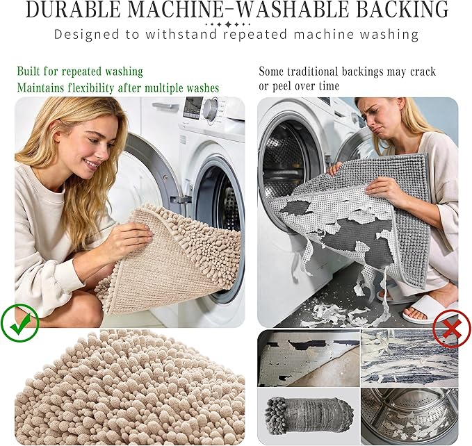 Yimobra Bathroom Rugs Non Slip Washable - Ultra Soft Absorbent Chenille Bath Mat, Quick Dry Shaggy Floor Carpet for Tub Shower, Light Brown Home Decor Accessories, 24x17 Inch