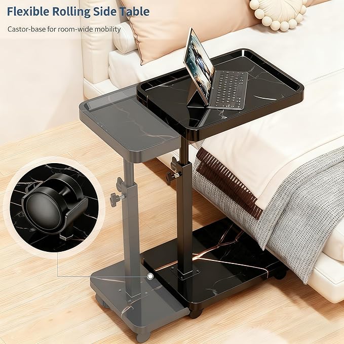 C Table End Table Adjustable Height, 360°Swivel TV Tray Table for Small Spaces, Side Tables with Wheels for Living Room and Bedroom, Bed (Black-15.7 x 11.8 inches)