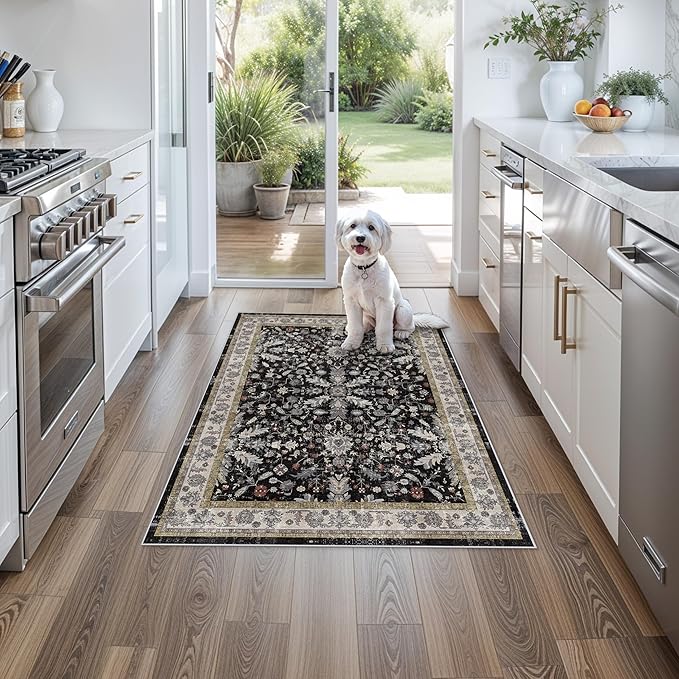 3x4 Entryway Rug Washable Non-Slip–Boho Floral Stain-Resistant Small Area Rug for Kitchen Bedroom Bathroom – Soft Low-Pile Thin Indoor Door Mat (Black,3x4)