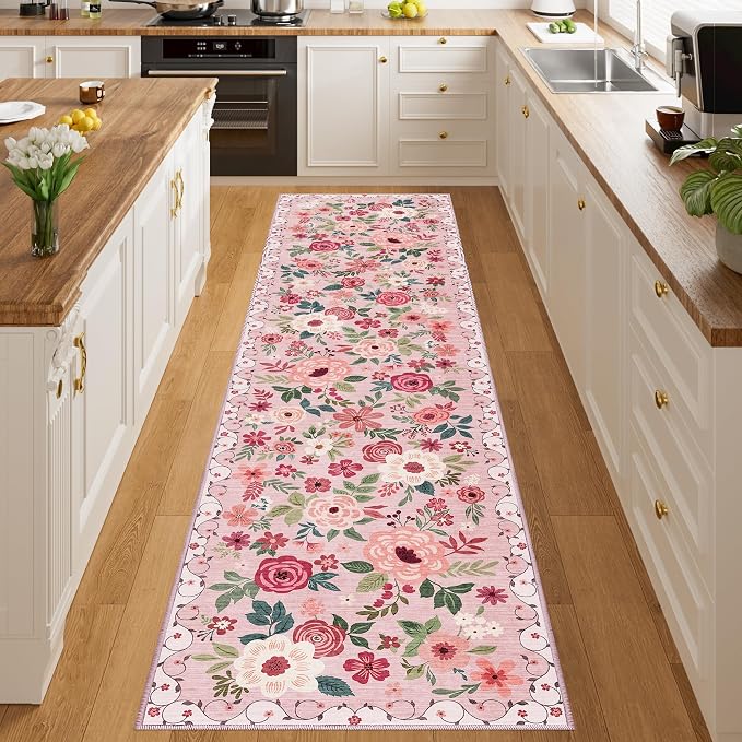 DUKINO 2x8 Runner Rug for Hallway, Washable Kitchen Runner Rug with Rubber Backing Non Slip, Low Pile Soft Boho Floral Thin Carpet for Entryway, Hallway, Bathroom, Laundry Room, Pink