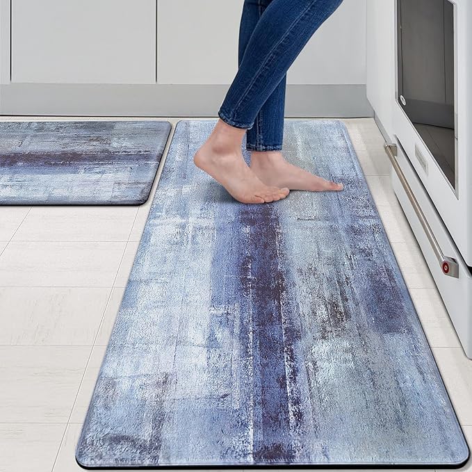 MAYHMYO Anti Fatigue Kitchen Mat - Set of 2 - Blue and Marble Design Comfort Mats - Cushioned, Non Slip Floor Mat