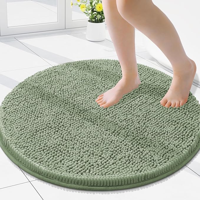 Smiry Luxury Chenille Round 24x24, Extra Soft and Absorbent Shaggy Bathroom Mat Rugs, Machine Washable, Non-Slip Plush Carpet for Tub, Shower, and Bath Room, Sage Green