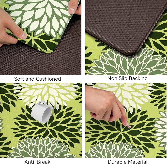 Kitchen Mats Set of 2 Cushioned Anti Fatigue Kitchen Rugs Non Slip Waterproof Kitchen Runner Memory Foam Floor Mat Comfort Standing Mat for Sink,Office,Laundry, Green