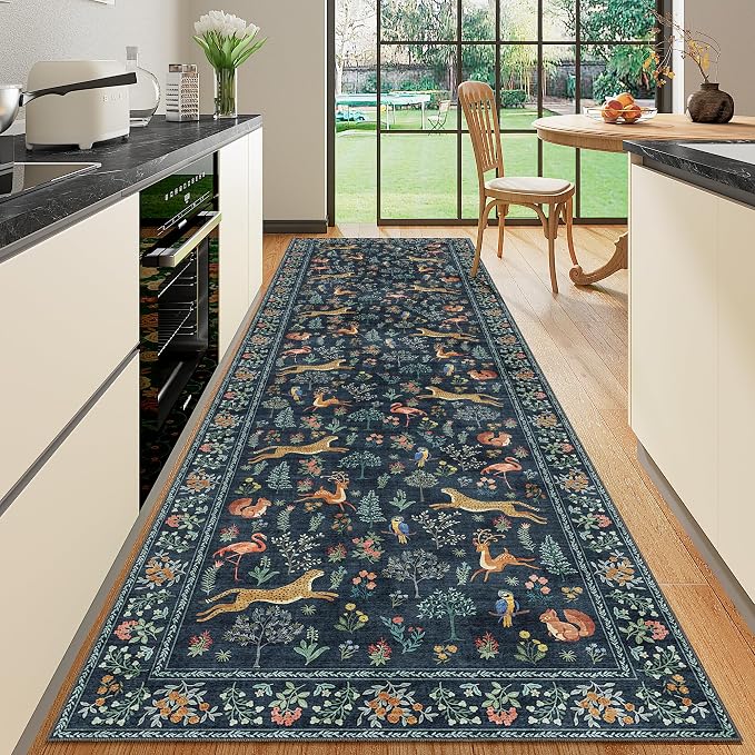 DUKINO 3x10 Washable Runner Rug for Hallway, Lightweight Long Kitchen Rug with Low Pile Design, Vintage Animal Non Shedding Thin Indoor Carpet for Entryway, Bathroom, Bedroom, Laundry Room, Navy Blue