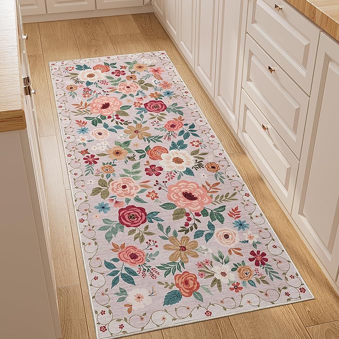 DUKINO 2x5 Runner Rug for Hallway, Washable Kitchen Floral Runner Rug with Non Slip Backing, Low Pile Soft Boho Carpet for Kitchen, Hallway, Entryway, Laundry, Bedroom, Beige