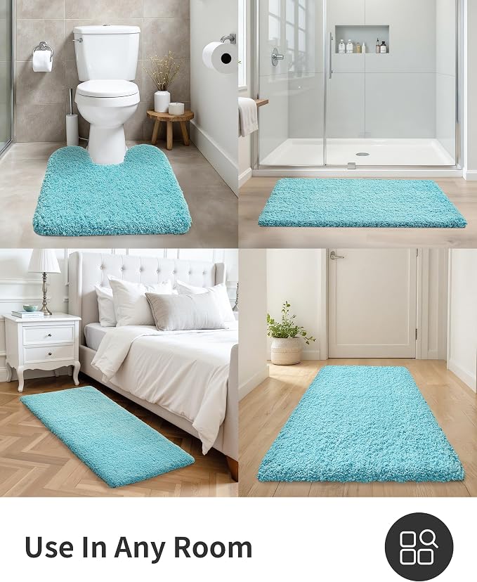 ILANGO Teal Bathroom Rugs 60" × 24" Non Slip & Super Absorbent Thick Soft, Washable Bath Carpet Runner for Floor, Microfiber Plush Shaggy Bath Mats with Rubber for Bedroom Bathtub Shower Room