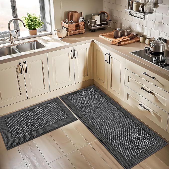 BEQHAUSE Kitchen Rugs and Mats Set of 2 Non-Slip Kitchen Mats for Floor, Absorbent and Stain Resistant Kitchen Runner, Machine Washable Rugs for Kitchen, Laundry & Sink, 20"x32"+20"x48", Charcoal