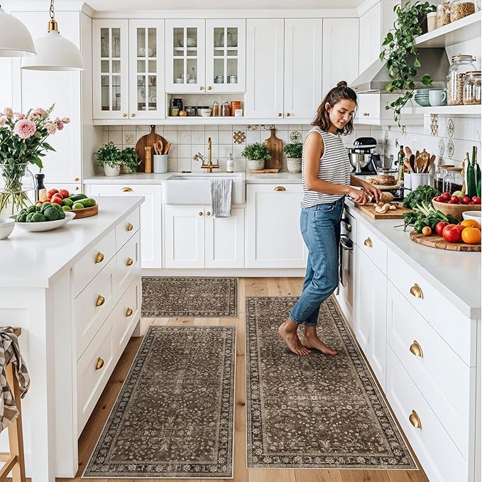 Washable Non-Skid 3 Piece Kitchen Rugs Set – Modern Boho Floral Low-Pile Area Rugs and Runner for Entryway, Bathroom, Hallway – Decorative Small Indoor Rugs (Brown, 2x3+2x4+2x5)