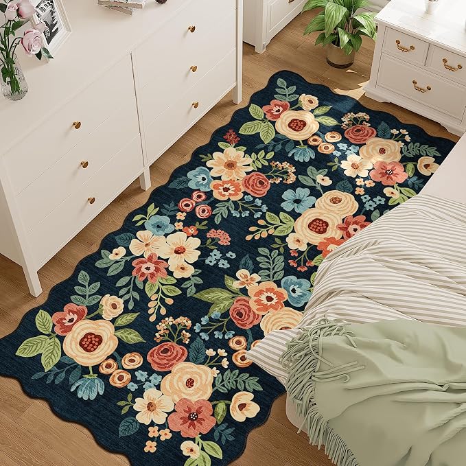 DUKINO 3x6 Washable Runner Rug, Soft Indoor Floral Non Slip Runner Rug for Hallways, Lightweight & Low Pile Floor Carpet for Kitchen, Entryway, Hallway, Bathroom, Laundry, Bedroom, Navy Blue