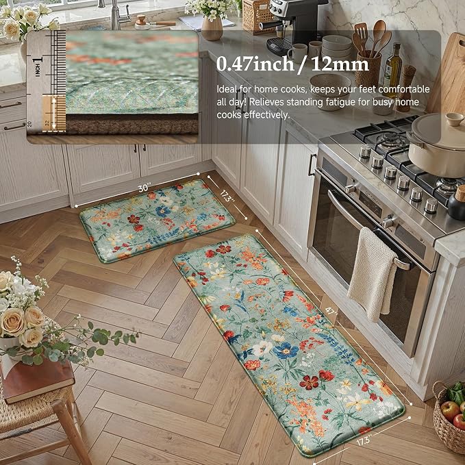 PureCozy Kitchen Mats 2PCS Anti Fatigue Cushioned Mat Non Slip Floral Boho Kitchen Mats for Floor Waterproof Comfort Standing Green Rug for Sink Laundry Office Desk 17.3"x47"+17.3"x30"