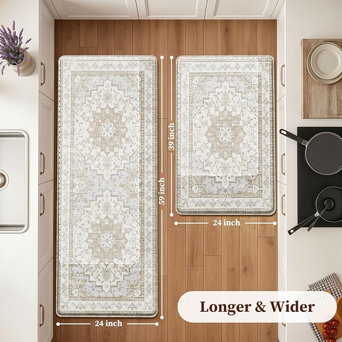 Boho Kitchen Mats for Floor 2 Piece Set Anti Fatigue Cushioned PVC Kitchen Rugs Non Slip Waterproof Farmhouse Mats 2/5 Inch Comfort Standing Mat for Sink, Laundry, 23.6"x39"+23.6"x59",C4