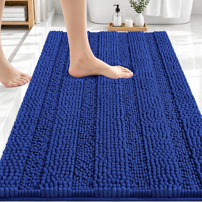 OLANLY Thick Bathroom Rugs 30x20, Extra Soft Absorbent Chenille Striped Bath Rugs, Rubber Backing, Machine Wash Dry, Bath Mats for Bathroom Floor, Tub and Shower, Home Decor Accessories, Royal Blue