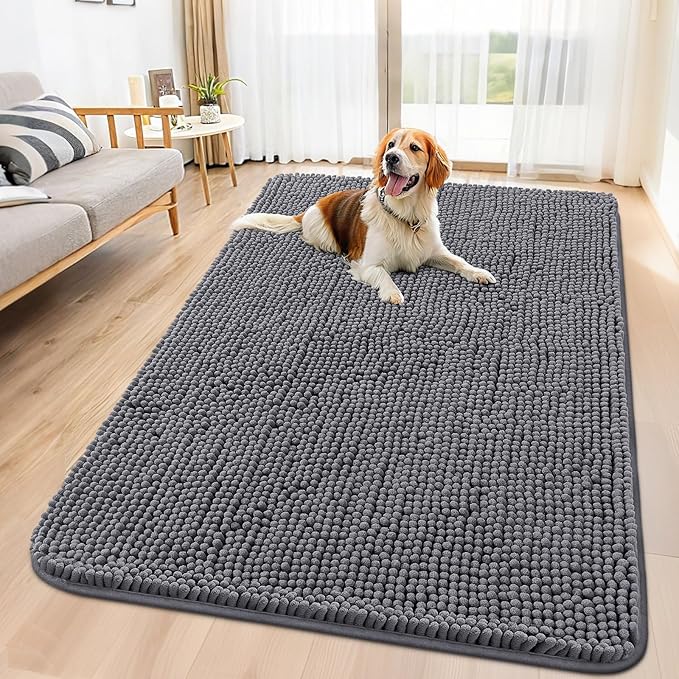 Smiry Dog Door Mat for Muddy Paws 59x32, Absorbent Dirt Trapper, Non-Slip Washable Chenille Entryway Rug for Inside Floor, Dark Grey, Classic Solid