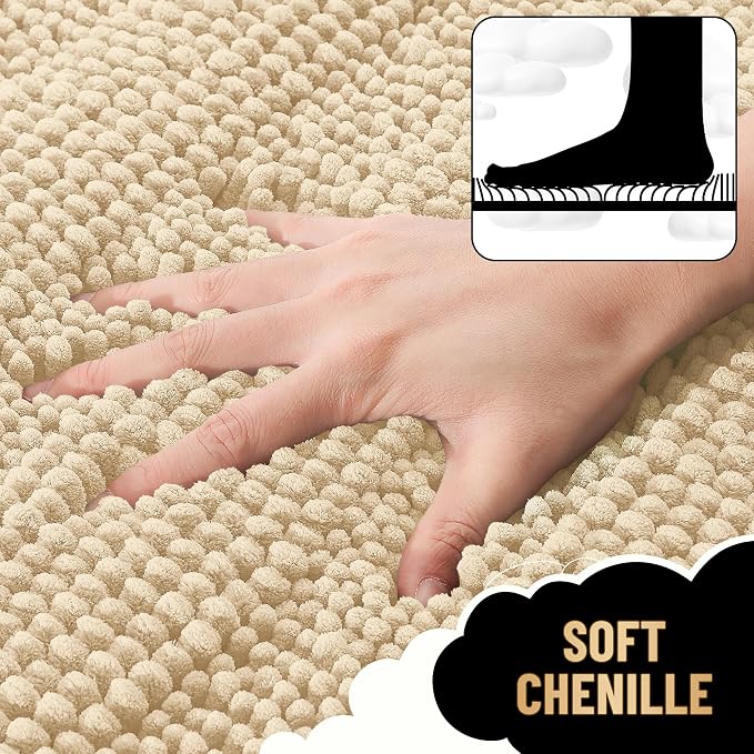 OLANLY Thick Small Bathroom Rugs 24x16, Extra Soft Absorbent Chenille Striped Bath Rugs, Rubber Backing, Machine Wash, Bath Mats for Bathroom Floor, Tub and Shower, Home Decor Accessories, Beige