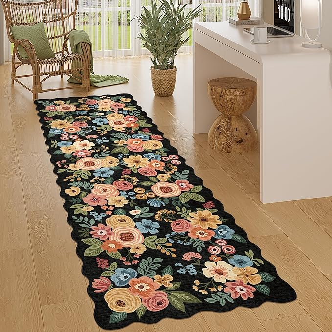 DUKINO 2x10 Runner Rug for Hallway, Washable Kitchen Rug with Non Slip Backing & Non-Shediing, Soft Low Pile Floral Design Runner for Bedroom, Kithchen, Living Room, Laundry, Bathroom, Black